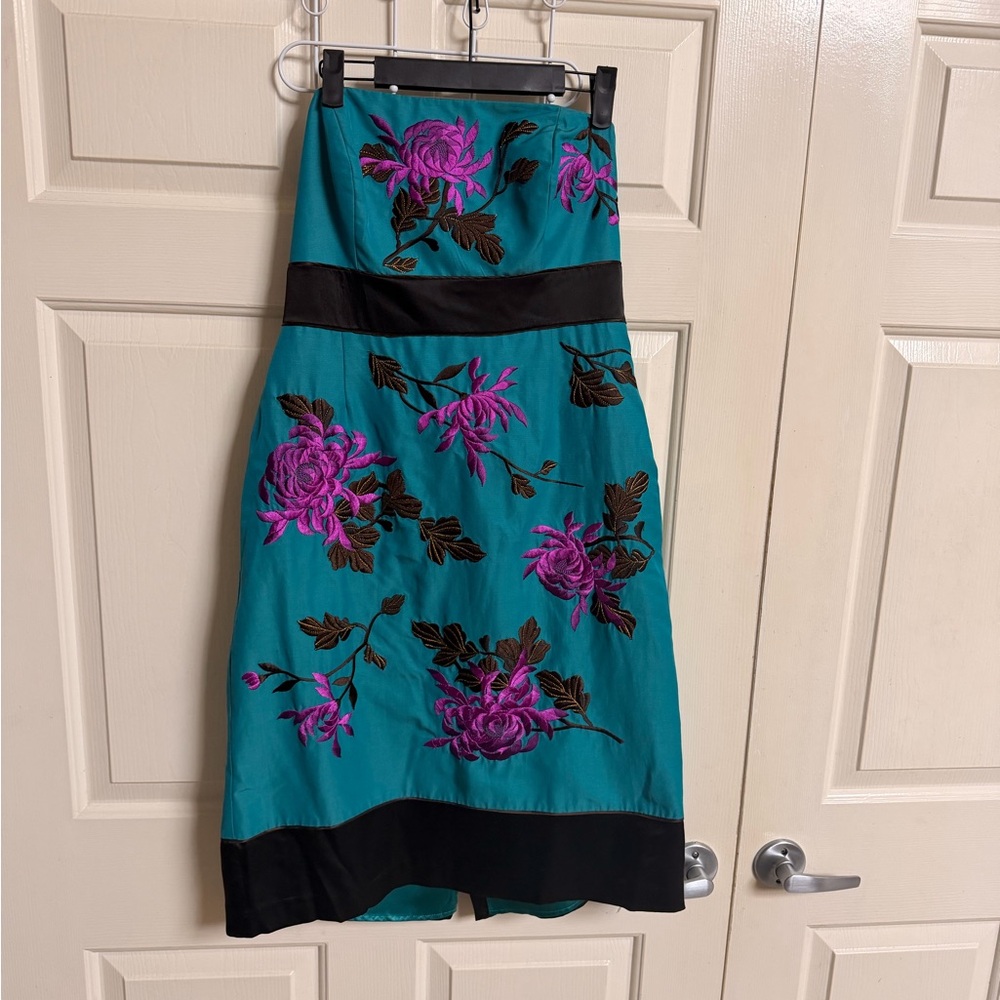 VTG Y2K Monsoon Silk Blend heavily embroidered Strapless Cocktail Dress